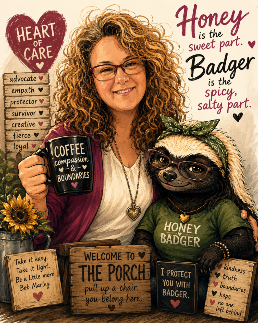 Briana on the porch with the Honey Badger in a green bandana, coffee mug that reads Coffee Compassion and Boundaries, with welcome signs