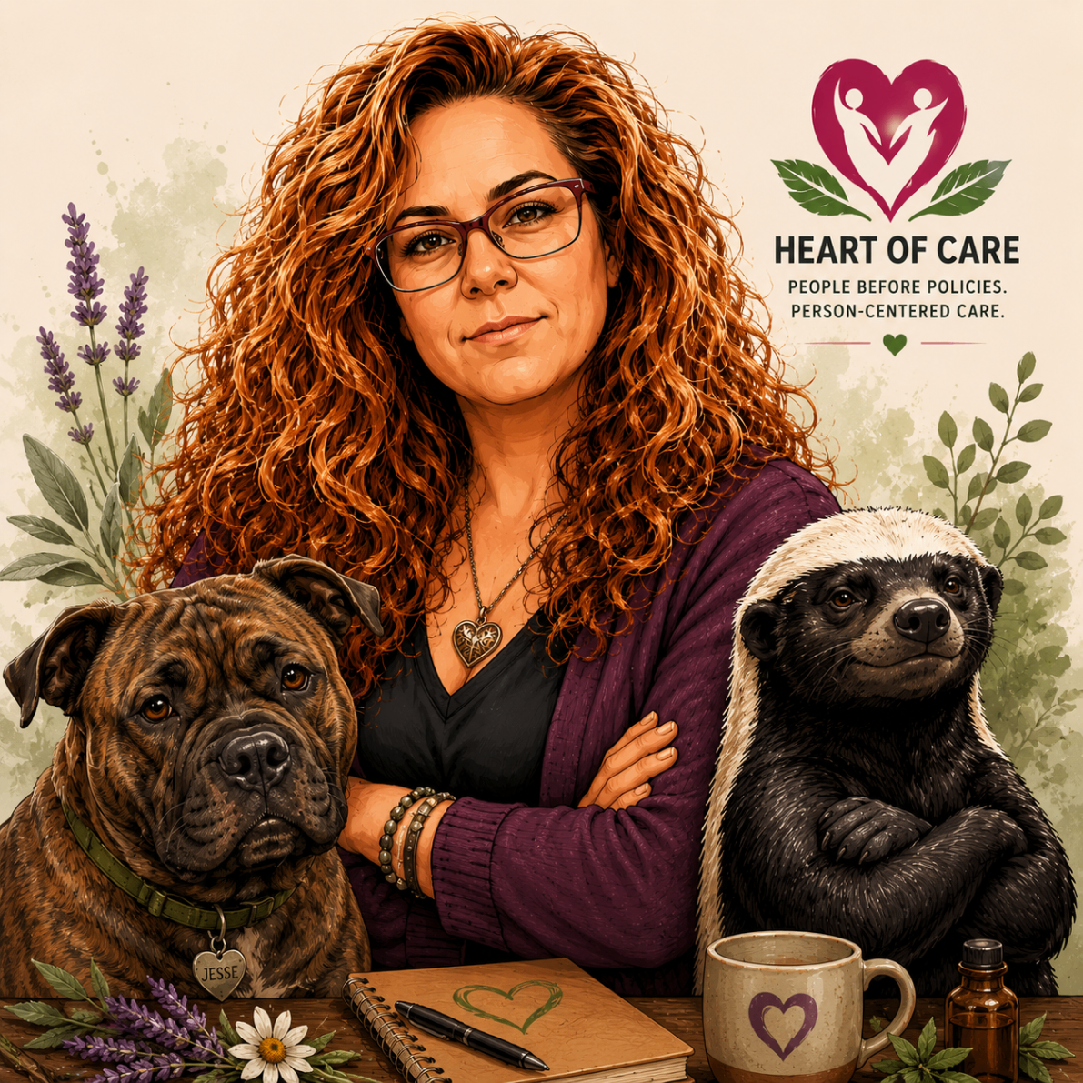 Illustrated portrait of Briana with Jesse James her bullpei and the Honey Badger, surrounded by lavender, sage, and the Heart of Care emblem
