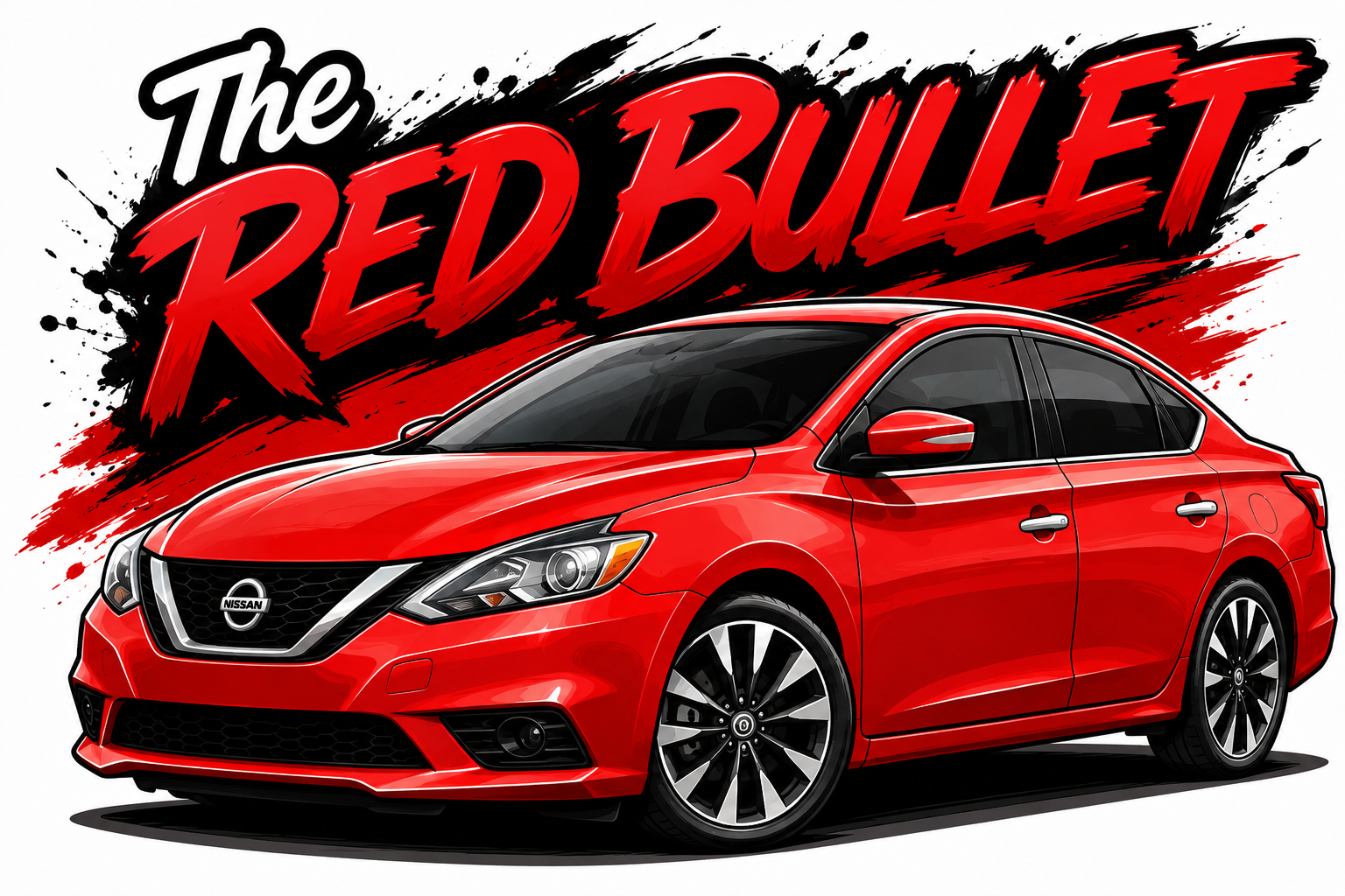 Illustrated poster art reading 'THE RED BULLET' over a red Nissan Sentra — Heart of Care's mobile shop and mobile support unit.