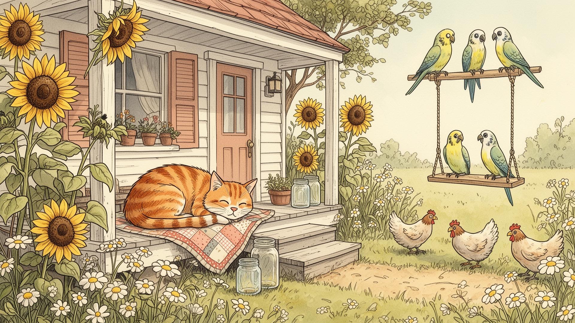 A cozy porch with a napping orange tabby, parakeets on a swing, sunflowers, and chickens