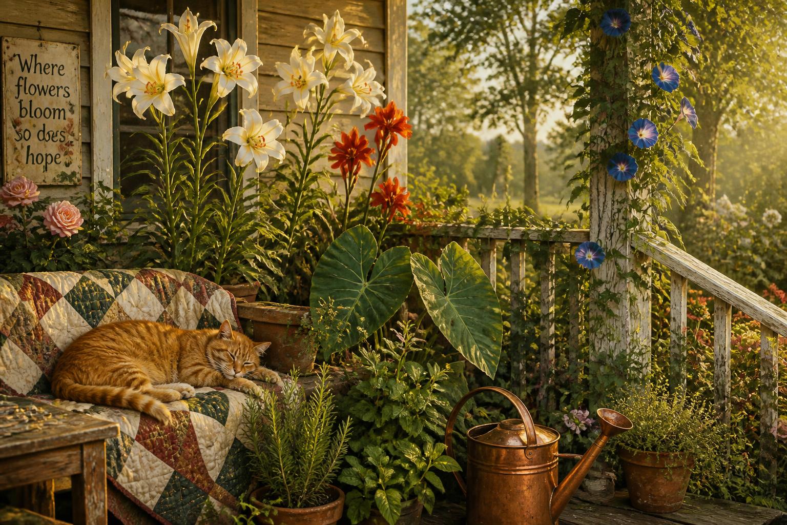 A vintage farm porch with white ginger lilies, red canna lilies, roses, elephant ears, potted rosemary and mint, a copper watering can, and an orange tabby napping on a handmade quilt