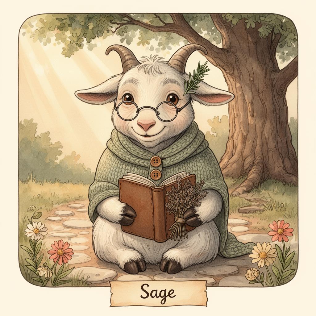 Sage — a cartoon grandmother goat in a hand-knit sage shawl and small round reading glasses, holding a leather journal and a bundle of dried herbs under an old oak tree