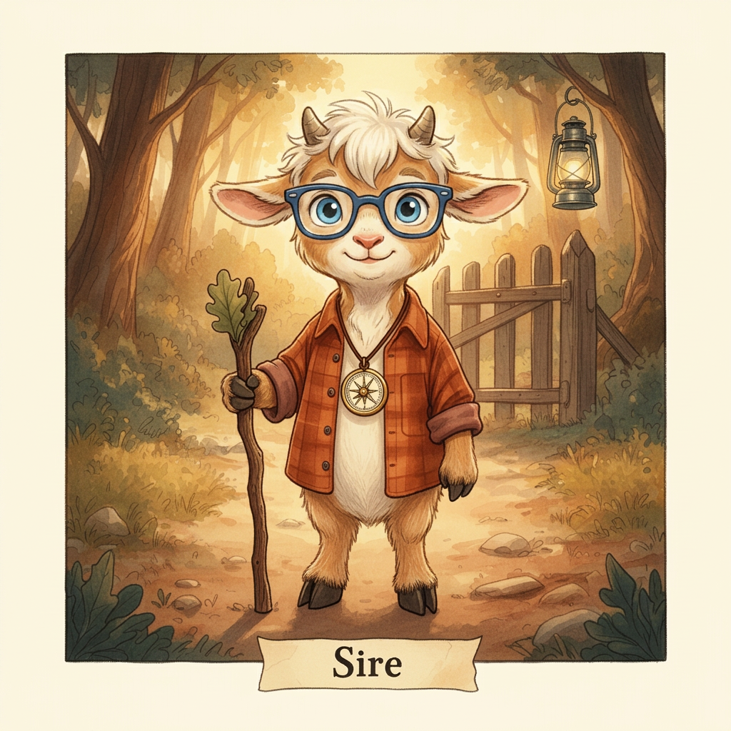 Sire — a cartoon young grandson goat kid in a rust flannel shirt with a brass compass and a small carved walking stick on a golden-hour forest path