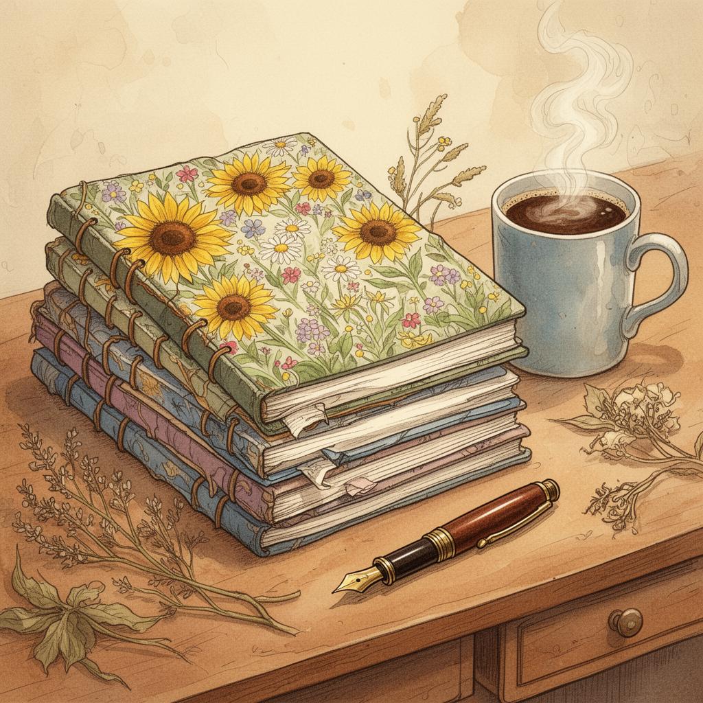 Stack of hand-bound workbooks with sunflower covers